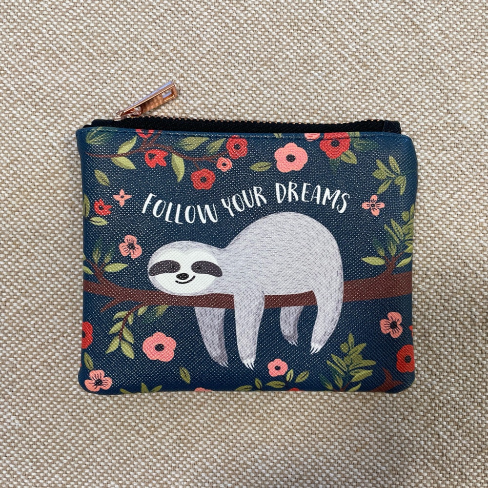 Studio Oh! Coin Purse Wallet Sloth Follow Your Dreams Flowers Navy